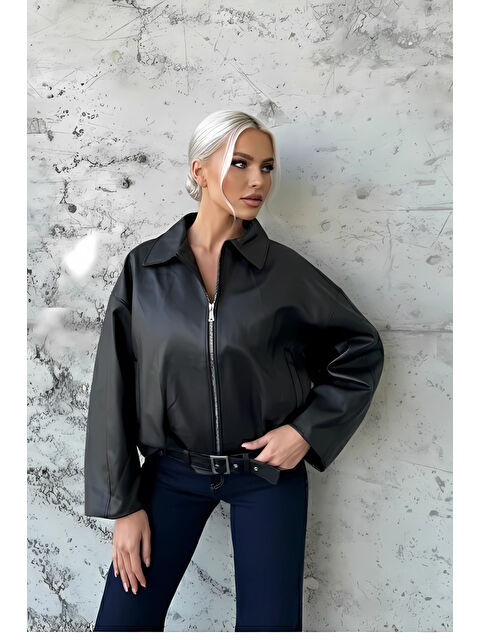 Hazelin Kadın Siyah Fermuar Kapamalı Oversize Suni Deri Ceket HZL25W-BD110561