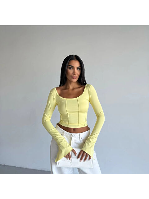 Hazelin Kadın Sarı Uzun Kollu Arkası Bağlamalı Fit Kesim Crop Bluz HZL25W-FRY122771 - S000440201-20072