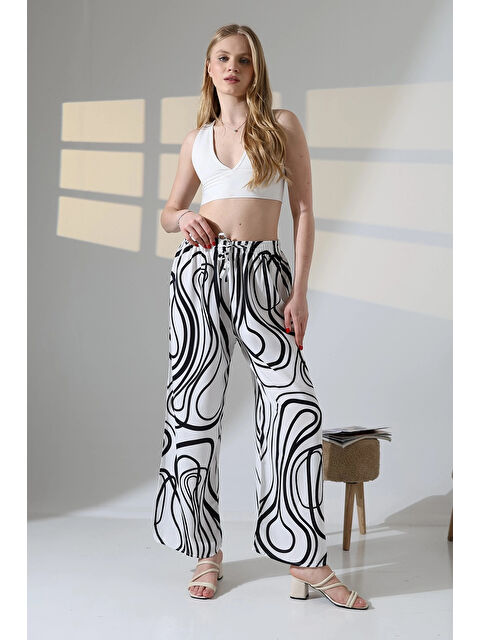 Hazelin Kadın Beyaz Desenli Beli Lastikli Cepsiz Bol Kesim Viskon Pantolon HZL25S-DSB17771 - S000389494-20063