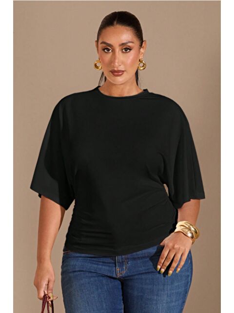 Tarz Cool Büyük Beden Günlük Düz Renk Büzgülü Bel Geniş Kollu T-Shirt