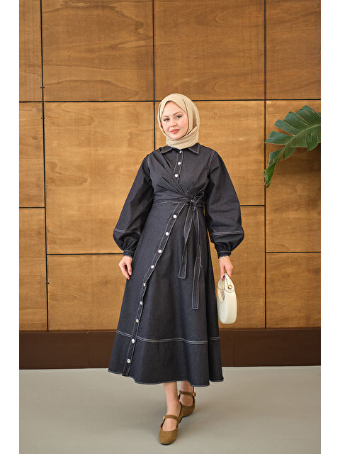 Locco Moda Kadın Çıtçıtlı Dikiş İz Detay Yandan Bağlamalı Jean Elbise Lacivert