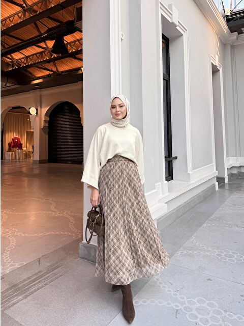 Locco Moda Kadın Dikiş Detay Etnik Desen Beli Lastikli Şifon Etek Vizon - S000500060-26429