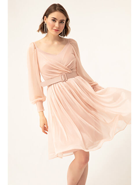 Lafaba Kadın Pudra Kemerli Midi Simli Abiye Elbise - S000496833-7152