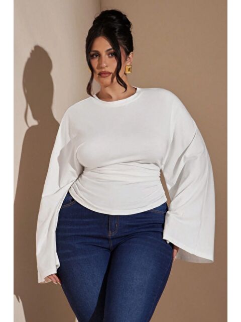 Tarz Cool Büyük Beden Uzun Kollu Günlük Düz Renk Büzgülü Bel Geniş Kollu T-Shirt