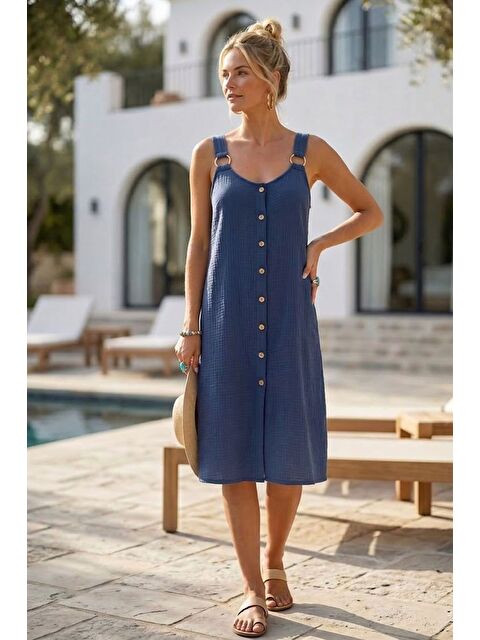 Chiccy İndigo Askılı Düğmeli Cepsiz Metal Halkalı Casual Müslin Dokuma Elbise 102 55