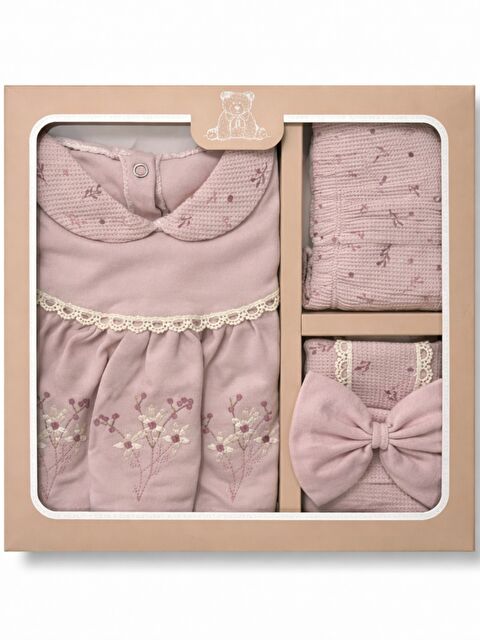 Verona Tarz Kız Bebek Lüx Kutulu Waffle Kumaş Çiçekli Fiyonklu 5li Hastane Çıkış Seti Yenidoğan Pamuklu - S000506319-7152