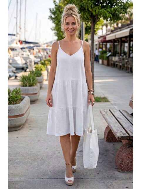 Chiccy Beyaz Askılı Eteği Fırfırlı Ayarlanabilir Askılı Casual Müslin Dokuma Elbise 98 55
