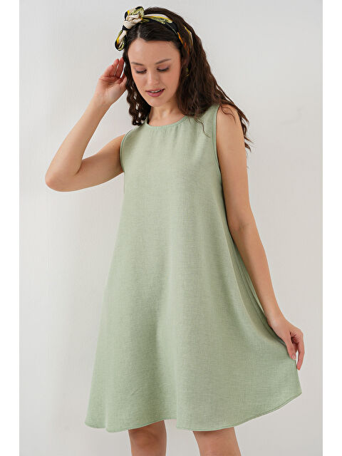 Bigdart 2444 Mini Keten Elbise - E.Yeşil - S000132629-37469