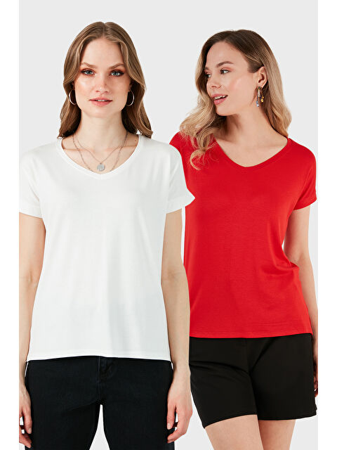 Lela V Yaka Relaxed Fit Yırtmaç Detaylı 2'li Paket Bluz 5862000S2 - S000389198-5403