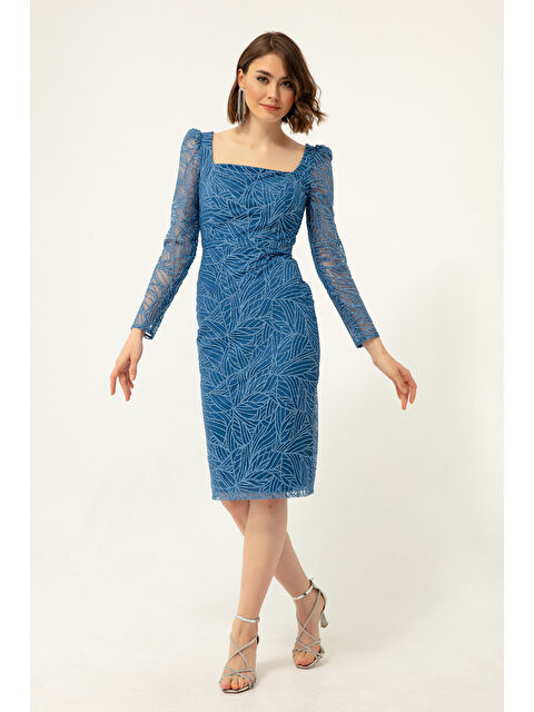 Lafaba Kadın İndigo Kare Yaka Simli Midi Abiye Elbise - S000496828-23093