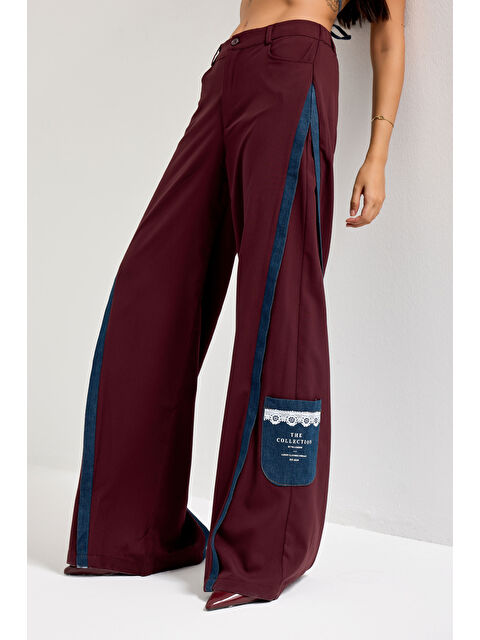It's Basic Kadın Bordo Palazzo Fit Denim Detaylı Özel Tasarım Pantolon - S000486889-19951