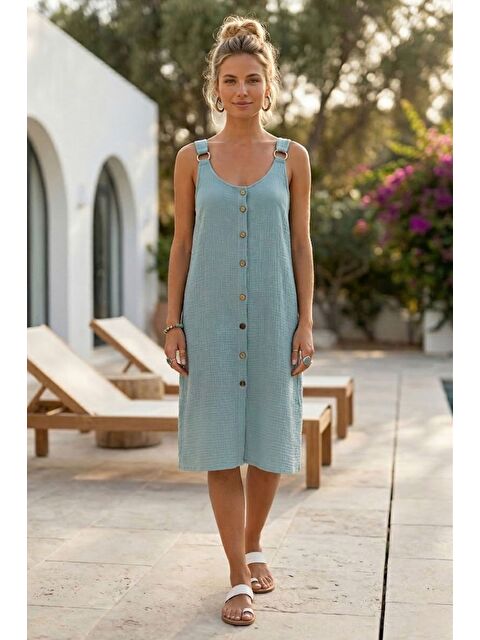Chiccy Mint Askılı Düğmeli Cepsiz Metal Halkalı Casual Müslin Dokuma Elbise 102 55
