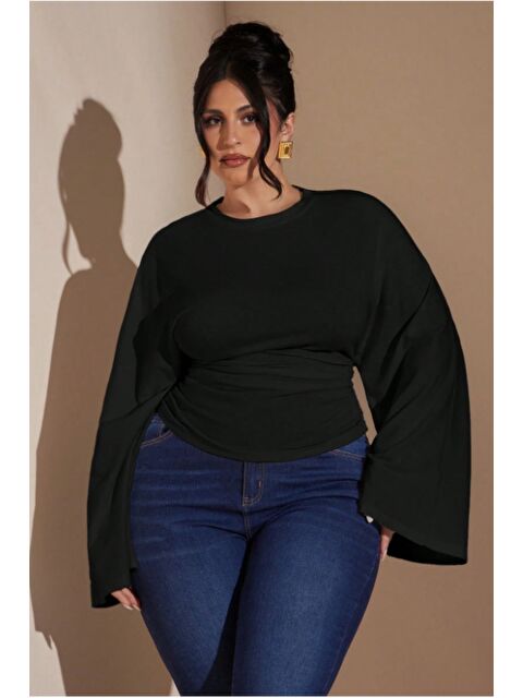 Tarz Cool Büyük Beden Uzun Kollu Günlük Düz Renk Büzgülü Bel Geniş Kollu T-Shirt