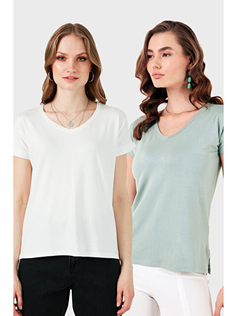 Lela V Yaka Relaxed Fit Yırtmaç Detaylı 2'li Paket Bluz 5862000S2 - S000389198-6348