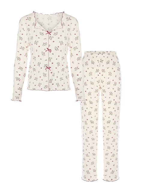 Koza İç Giyim Kadın Pamuklu Çıtır Çiçek Desenli Baby Overloklu Fiyonklu Uzun Kollu Pijama Takımı - S000266390-37382