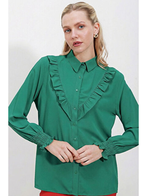 Bigdart 20223 Fırfırlı Uzun Kol Gömlek - Zümrüt Yeşili - S000152928-18709