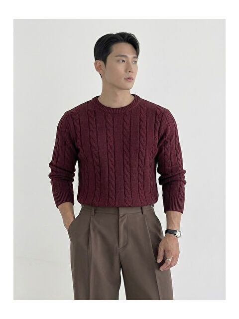 Tarz Cool Erkek Bisiklet Yaka Slim Fit Saç Örgülü Triko Kazak