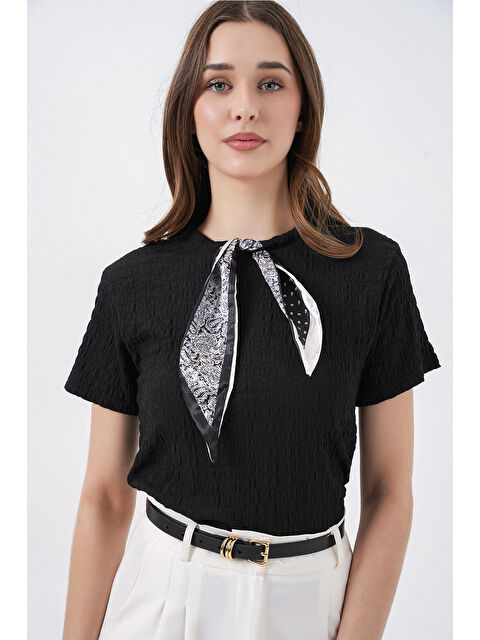 Bigdart Kadın Kısa Kol Fularlı Örme Bluz 981 - Siyah - S000505341-19351
