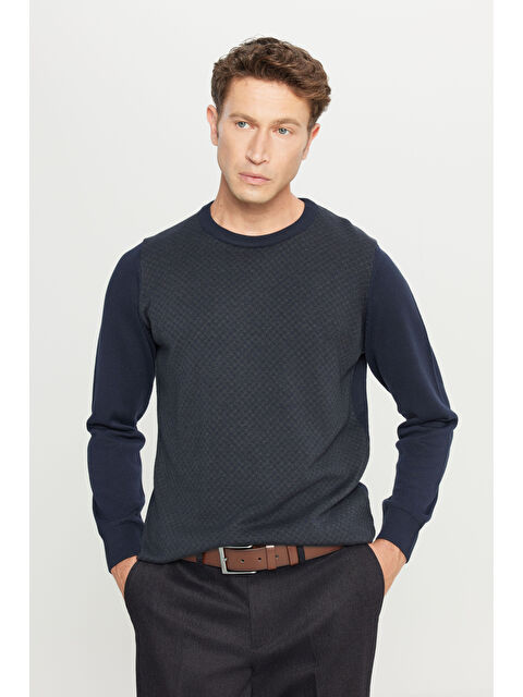 Altınyıldız Classics Erkek Lacivert Pamuklu Standart Fit Normal Kesim Bisiklet Yaka Desenli Triko Kazak - S000452976-21164