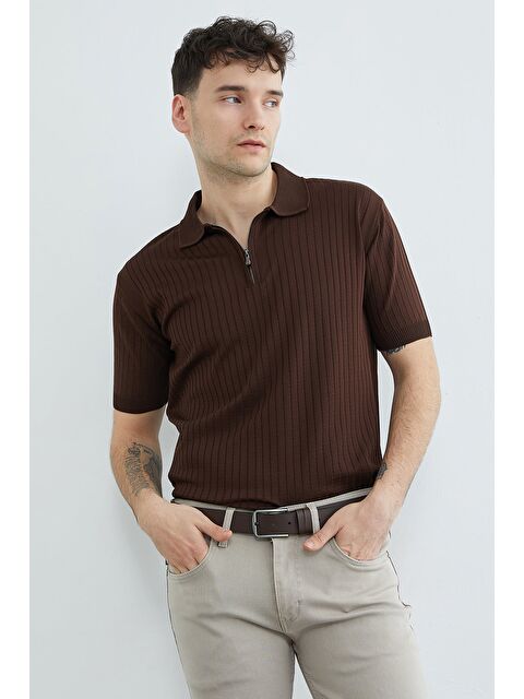 Fullamoda Fitilli Polo Yaka Yarım Fermuarlı Triko Tişört - S000523464-19413