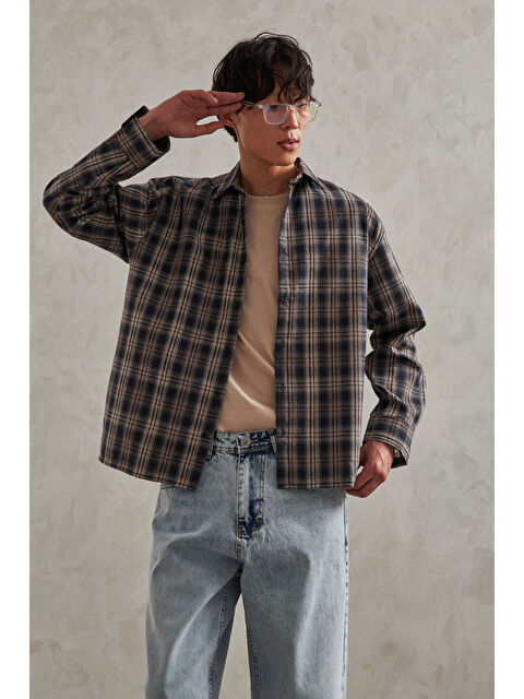 HYMAN Erkek Oversize %100 Pamuk Ekose Gömlek - S000515490-19928