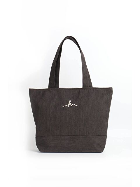 Haşema İmza Detaylı Nakışlı Fermuarlı Keten Plaj Omuz Çantası Kahverengi 35