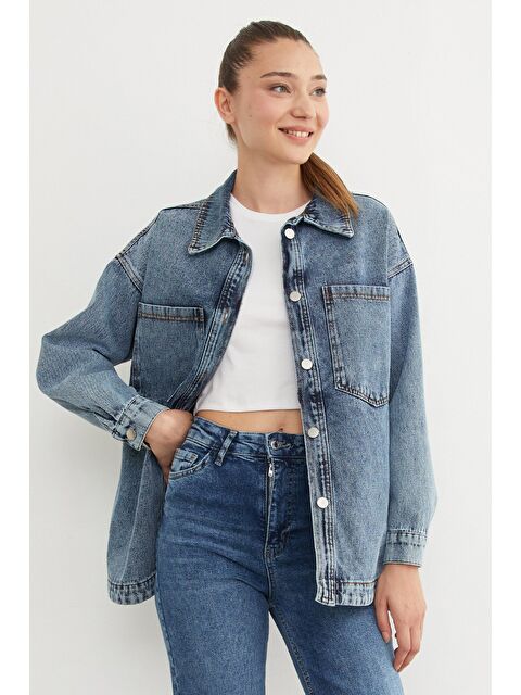 Fullamoda Çift Cepli Çıtçıtlı Oversize Jean Ceket - S000435614-17234