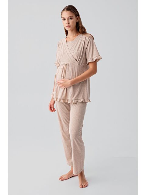 Artış Kısa Kollu Emzirme Bölmeli Ayarlanabilir Bel Pamuklu Hamile Pijama Takım 19218 - S000514996-19413