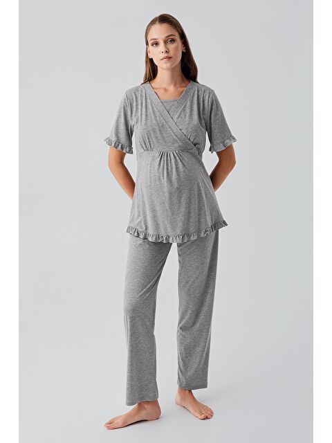 Artış Kısa Kollu Emzirme Bölmeli Ayarlanabilir Bel Pamuklu Hamile Pijama Takım 19218 - S000514996-20600