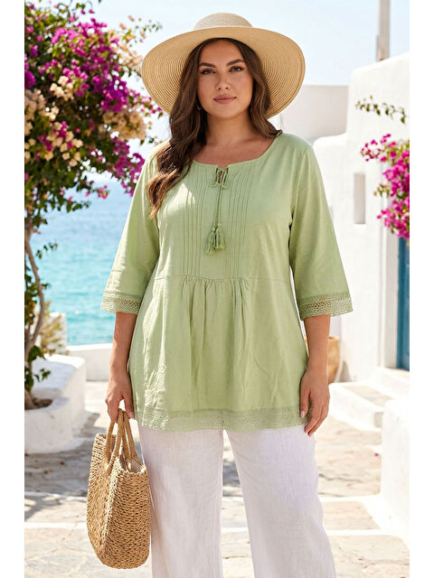 Stil Diva Büyük Beden Yakası Bağlamalı Fakir Kol Dantelli Uzun T-shirt 10904116 - S000486895-18194