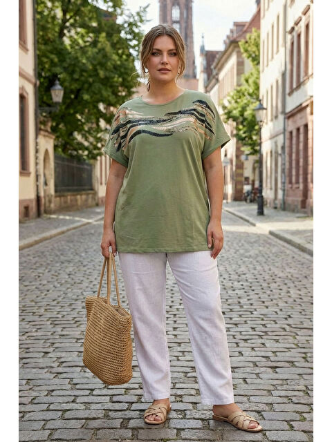 Stil Diva Büyük Beden Bisiklet Yaka Kısa Kollu Payetli Parlak Baskılı T-shirt 615556 - S000486896-18194