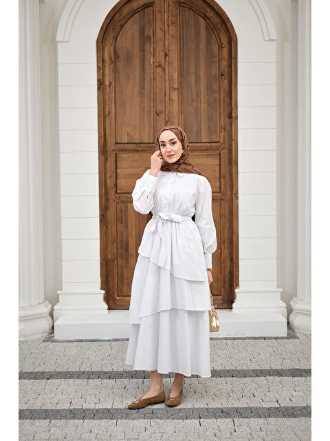 Locco Moda Kadın Eteği Volanlı Bel Bağlamalı Gömlek Yaka Yarım Düğmeli Elbise Beyaz