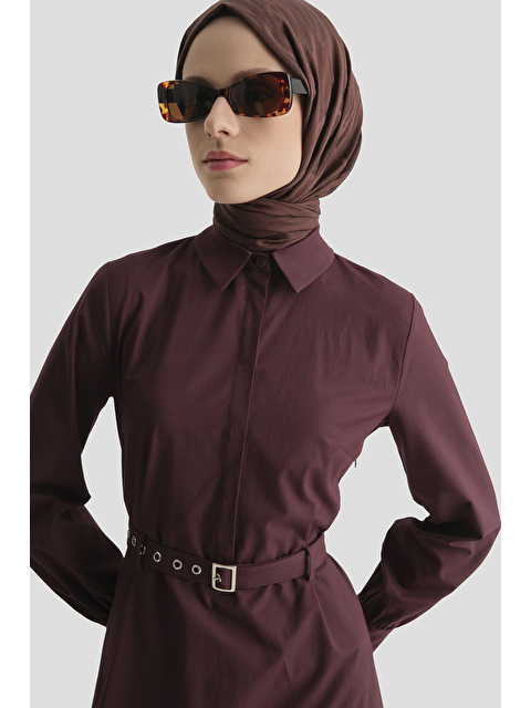 ARMİNE Kemer Detaylı Pamuk Elbise Mürdüm