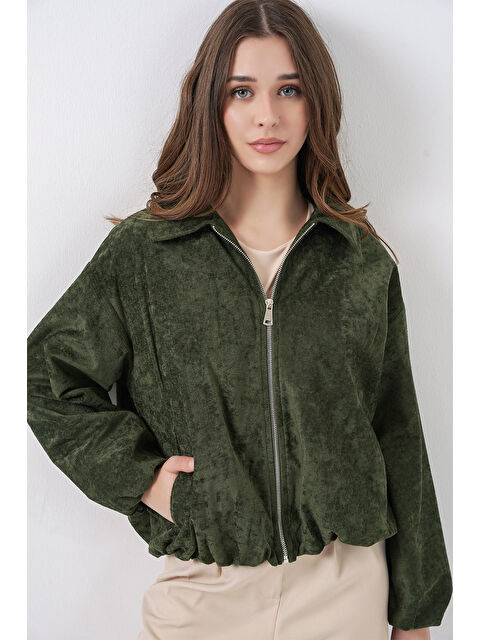 Bigdart Kadın Büzgülü Oversize Kadife Ceket 0733 - Haki - S000505344-18547