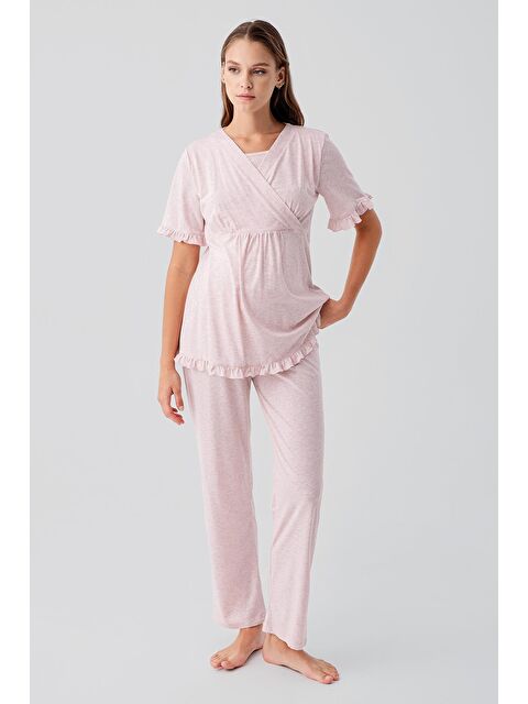 Artış Kısa Kollu Emzirme Bölmeli Ayarlanabilir Bel Pamuklu Hamile Pijama Takım 19218 - S000514996-20024