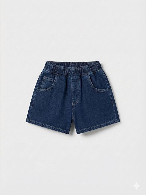 Magu Unisex Çocuk Pamuklu Lacivert Jean Şort - Elastik Belli Cepli