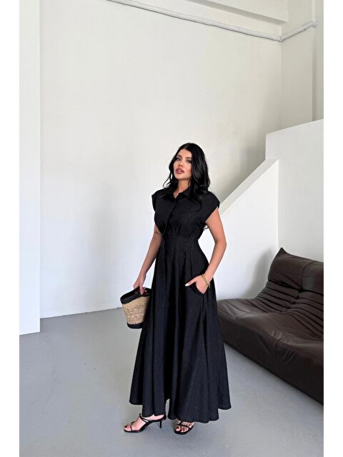 Jane's JAKARLI KETEN ELBİSE ÖNDEN YIRTMAÇLI CEPLİ - Siyah