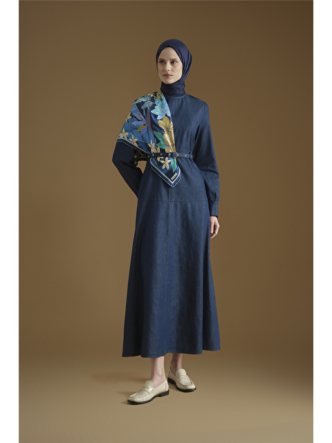 ARMİNE Kemer Detaylı Denim Elbise Lacivert