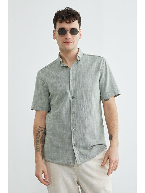 Fullamoda Flamlı Düğmeli Keten Görünümlü Gömlek - S000526565-18547