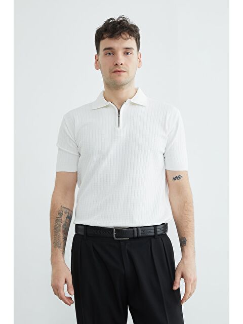 Fullamoda Fitilli Polo Yaka Yarım Fermuarlı Triko Tişört - S000523464-20063