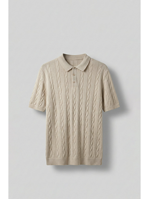 Abluka Online Erkek Regular Fit Saç Örgü Pamuklu Triko Polo Yaka T-Shirt Bej - S000516556-19928