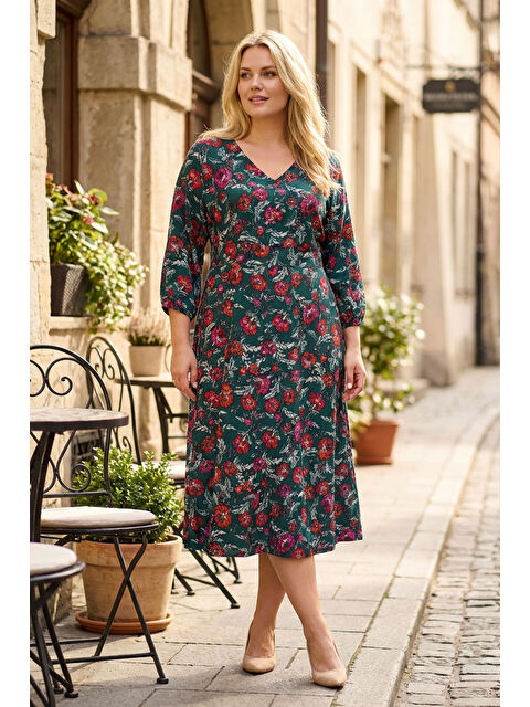 Stil Diva Büyük Beden V Yaka Çiçek Desenli Fakir Kol Midi Elbise 140422 - S000486904-29488