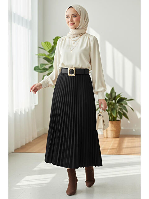 Tofisa Piliseli Kemerli Süet Etek Siyah - 28092-SIYAH - S000495254-19351