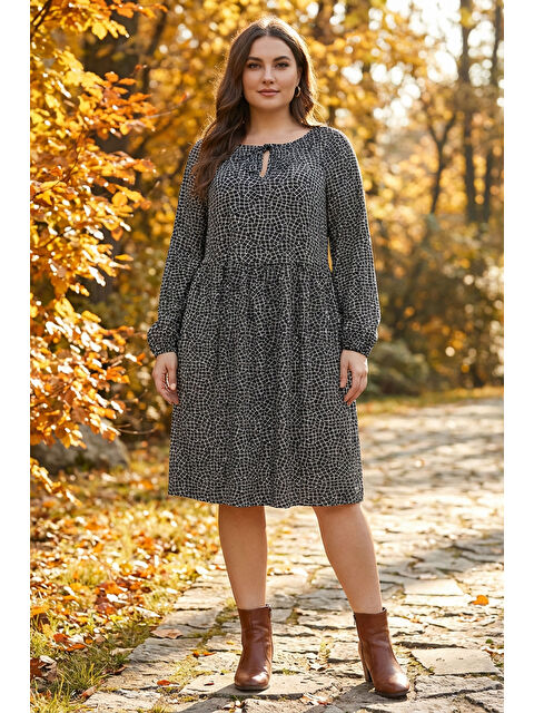 Stil Diva Büyük Beden Yaka Detaylı Uzun Kollu Soyut Desenli Midi Elbise 100-74 - S000486905-37424