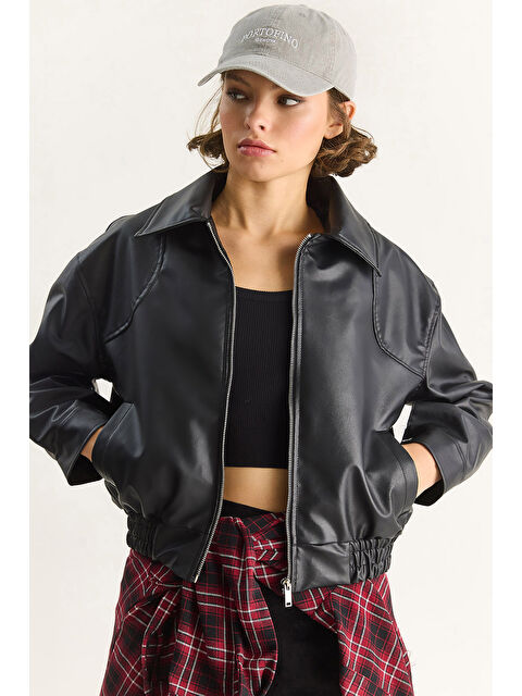 SHADE Kadın Oversize Belli Lastikli Suni Deri Bomber Ceket - S000444410-19351