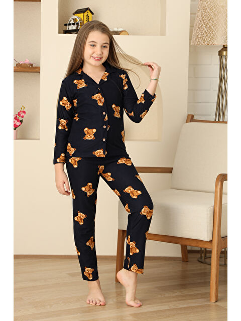 Modanino Kız Çocuk Pat Yakalı-Ayıcık Baskılı ve Düğme Kapamalı Pijama Takımı 12308 - S000458524-29672