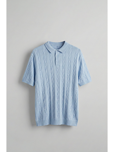 Abluka Online Erkek Regular Fit Saç Örgü Pamuklu Triko Polo Yaka T-Shirt Mavi - S000516556-17234