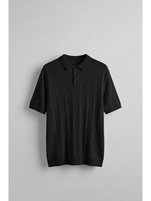 Abluka Online Erkek Regular Fit Saç Örgü Pamuklu Triko Polo Yaka T-Shirt Siyah - S000516556-19351