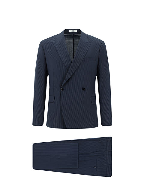 Kiğılı Slim Fit Dar Kesim Yünlü Çizgili Beli Lastikli İpli Kruvaze Takım Elbise