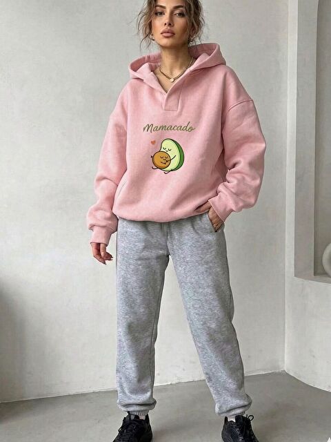 Trendseninle Pembe Gri Mamacado+Golden Wing Baskılı Relax Yaka Eşofman Takımı